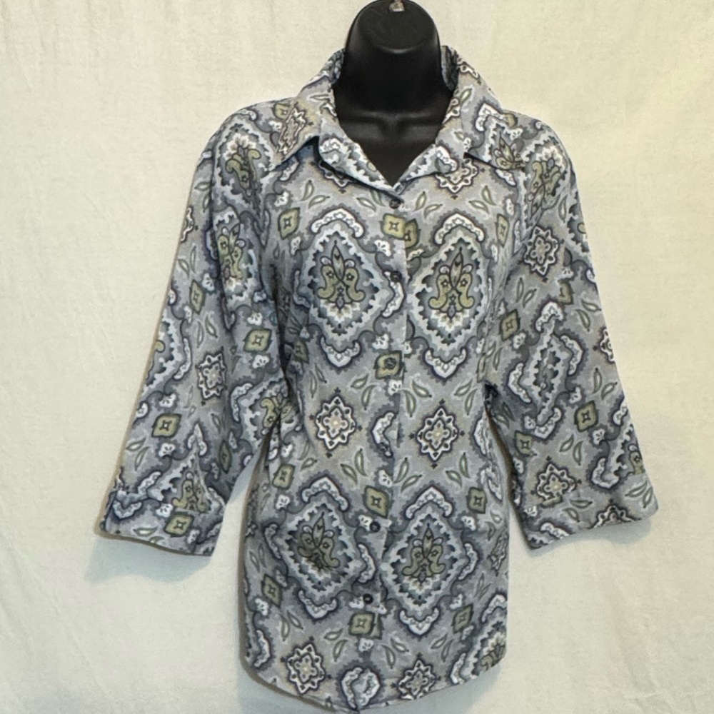 A-90 BonWorth Vintage Gray Green & White 1/2 Sleeve Button Down Blouse Size XL